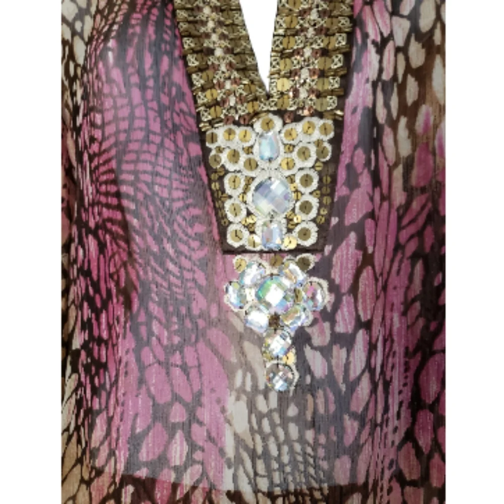 Chico's pink & brown animal print jeweled beaded silk tunic top Womens Medium - Picture 4 of 8